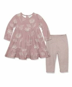 Cheap 😍 Little Millie Mauve Floral Sketch Babydoll 👗 Dress & Mauve Stripe Leggings - Infant & Toddler For Kids 🌟