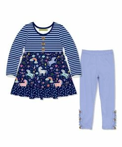 Promo 🧨 Millie Loves Lily Navy Unicorn Playground Babydoll Top & Periwinkle Button Leggings - Infant, Toddler & 👧 Girls For Kids ⭐