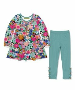 Cheap ✨ Millie Loves Lily Mint Kitten Floral Babydoll Top & Nile Blue Button Leggings - Infant, Toddler & 👧 Girls For Kids 👏