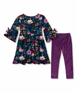 Hot Sale 😀 Millie Loves Lily Navy Fall Petals Bow-Sleeve A-Line 👗 Dress & Plum Velour Leggings - Infant, Toddler & 👧 Girls For Kids 😉 -Little Millie-shop zu109132323 alt 2 tm1664041401