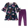 Hot Sale 😀 Millie Loves Lily Navy Fall Petals Bow-Sleeve A-Line 👗 Dress & Plum Velour Leggings - Infant, Toddler & 👧 Girls For Kids 😉