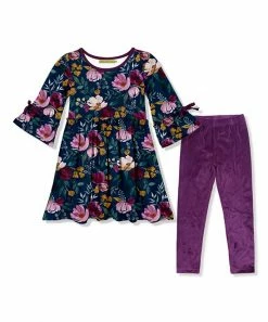 Hot Sale 😀 Millie Loves Lily Navy Fall Petals Bow-Sleeve A-Line 👗 Dress & Plum Velour Leggings - Infant, Toddler & 👧 Girls For Kids 😉