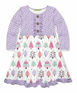 New 🧨 Millie Loves Lily White & Purple Holiday Trees Button-Front 👗 Dress - Toddler & 👧 Girls For Kids ❤️