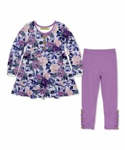 Brand new 🧨 Millie Loves Lily Lilac Fame Floral Long-Sleeve Babydoll Top & Purple Button Leggings - Infant, Toddler & 👧 Girls For Kids 🎉