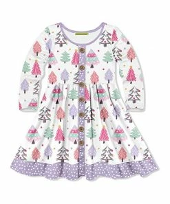 Buy 😍 Millie Loves Lily White & Purple 🔔 Christmas Trees Button-Front A-Line 👗 Dress - Toddler & 👧 Girls For Kids ⌛