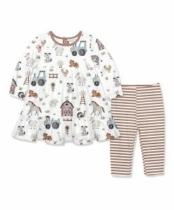 Discount 🔔 Little Millie White Baby Farm Animal Ruffle 👗 Dress & Beige Stripe Leggings - Infant & Toddler For Kids 🔔