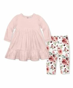 Brand new 🌟 Little Millie Light Pink Long-Sleeve Babydoll 👗 Dress & White Ruby Floral Leggings - Infant & Toddler For Kids 🛒