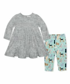 Best Pirce 👏 Little Millie Heather Gray Long-Sleeve Babydoll 👗 Dress & Mint 🐶 Dog Leggings - Infant & Toddler For Kids 🤩