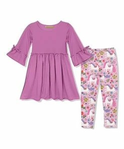 Outlet 🎉 Millie Loves Lily Violet Bow Bell-Sleeve A-Line 👗 Dress & Pink Darling Unicorn Leggings - Infant, Toddler & 👧 Girls For Kids ⌛