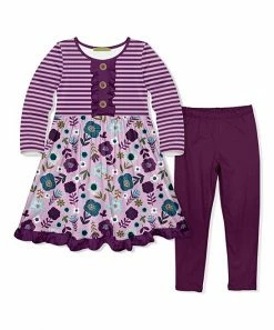 Promo 🎉 Millie Loves Lily Lavender Double Floral Button-Front A-Line 👗 Dress & Plum Leggings - Infant, Toddler & 👧 Girls For Kids 🌟