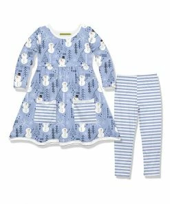 Outlet 🧨 Millie Loves Lily Periwinkle Snowmen Forest Pocket A-Line 👗 Dress & Stripe Leggings - Infant, Toddler & 👧 Girls For Kids ✨