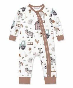 Outlet 🎉 Little Millie White & Brown Baby Farm Animal Zip-Up Playsuit - Infant For Baby & Maternity ❤️