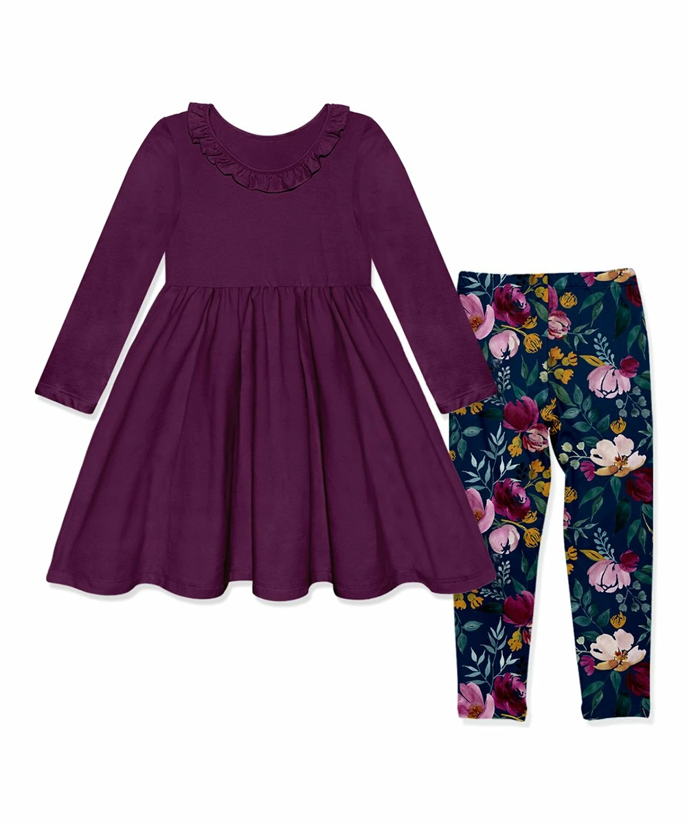 Outlet π Millie Loves Lily Plum Ruffle-Neck A-Line π Dress & Navy Petals Leggings - Infant, Toddler & π§ Girls For Kids π 2 Outlet π Millie Loves Lily Plum Ruffle-Neck A-Line π Dress & Navy Petals Leggings - Infant, Toddler & π§ Girls For Kids π - Image 2
