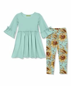 Cheap ✔️ Millie Loves Lily Mint Bow-Sleeve A-Line 👗 Dress & Sunflower & Ladybug Leggings - Infant, Toddler & 👧 Girls For Kids 🤩