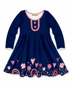 Flash Sale 🥰 Millie Loves Lily Navy Heart Border Button-Accent A-Line 👗 Dress - Infant, Toddler & 👧 Girls For Kids 😀