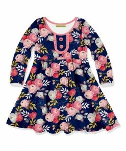Best deal 🥰 Millie Loves Lily Navy & Pink Girl Flower Button-Accent A-Line 👗 Dress - Infant, Toddler & 👧 Girls For Kids 😀