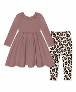Deals 🔔 Millie Loves Lily Nostalgia Rose Long-Sleeve A-Line 👗 Dress & Cream Simply Leopard Leggings - Infant, Toddler & 👧 Girls For Kids ❤️