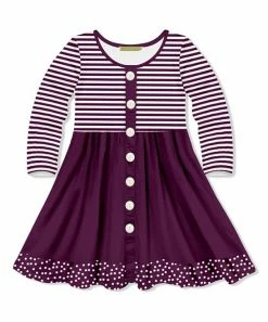 Outlet 🎁 Millie Loves Lily Plum Stripe & Dot Button-Front A-Line 👗 Dress - Infant, Toddler & 👧 Girls For Kids 🔔