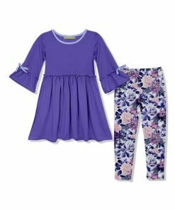 Best Pirce 👏 Millie Loves Lily Blue Iris Bow-Sleeve A-Line 👗 Dress & Purple Fame Floral Leggings - Infant, Toddler & 👧 Girls For Kids 👍