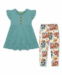 Best deal 🌟 Millie Loves Lily Nile Blue Angel-Sleeve Babydoll Top & Autumn Florals Leggings - Infant, Toddler & 👧 Girls For Kids ✔️