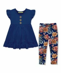 Brand new ❤️ Millie Loves Lily Navy Angel-Sleeve Babydoll Top & Autumn Florals Leggings - Infant, Toddler & 👧 Girls For Kids ⭐