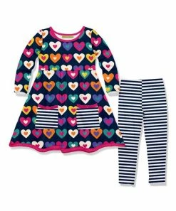 Buy 🌟 Millie Loves Lily Dark Navy Graphic Hearts Front-Pocket A-Line 👗 Dress & Stripe Leggings - Infant, Toddler & 👧 Girls For Kids 🎁