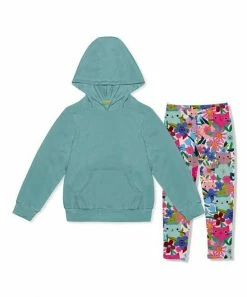 Coupon 😉 Millie Loves Lily Nile Blue Waffle-Knit Pocket Hoodie & Kitten Floral Leggings - Infant, Toddler & 👧 Girls For Kids 😀