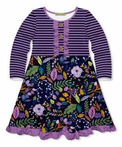 Budget 🤩 Millie Loves Lily Navy & Purple Winter Foliage Button-Front 👗 Dress - Infant, Toddler & 👧 Girls For Kids ⌛