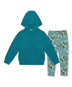 Best Sale 🎉 Millie Loves Lily Teal Waffle-Knit Pocket Hoodie & Floral Garden Leggings - Infant, Toddler & 👧 Girls For Kids ⭐