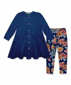 Promo 💯 Millie Loves Lily Navy Waffle Button-Up Tiered 👗 Dress & Autumn Florals Leggings - Infant, Toddler & 👧 Girls For Kids 🔥