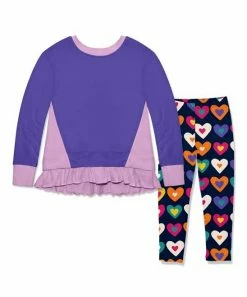 Cheap ✨ Millie Loves Lily Blue Iris Ruffle-Hem French Terry Sweater & Graphic Hearts Leggings - Infant, Toddler & 👧 Girls For Kids 🎉