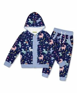 Deals 🔔 Millie Loves Lily Navy Unicorn Playground Ruffle Velour Zip-Front Hoodie & Joggers - Toddler & 👧 Girls For Kids 🎁