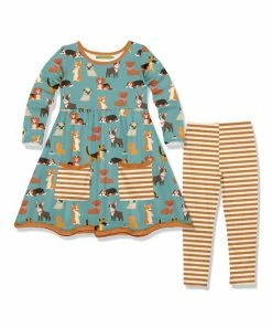 Cheap 🔥 Millie Loves Lily Nile Blue 🐶 Dog & Bone A-Line 👗 Dress & Khaki Stripe Leggings - Infant, Toddler & 👧 Girls For Kids 🌟
