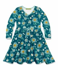 Best Pirce 👍 Millie Loves Lily Mint & Teal Fall Daisy Bow-Accent Long-Sleeve A-Line 👗 Dress - Infant, Toddler & 👧 Girls For Kids 🛒