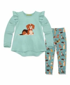 Deals 🔥 Millie Loves Lily Mint 🐕 Dog Hi-Low Top & Nile Blue 🐕 Dog & Bone Leggings - Infant, Toddler & 👧 Girls For Kids ❤️