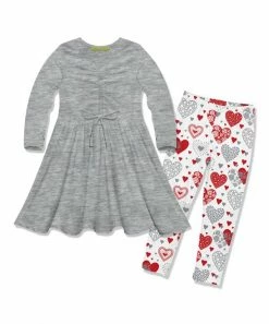 Discount 🤩 Millie Loves Lily Heather Gray Bow-Accent A-Line 👗 Dress & White Hearts Leggings - Infant, Toddler & 👧 Girls For Kids 🔥