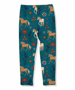 Promo 😍 Millie Loves Lily Teal & Brown Boho Horses Fleece-Lined Leggings - Infant, Toddler & 👧 Girls For Kids ✨ -Little Millie-shop zu111022982 alt 2 tm1669755734