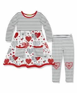 Best Pirce 🧨 Millie Loves Lily Gray & Red Marvelous Heart Stripe Pocket A-Line 👗 Dress & Leggings - Toddler & 👧 Girls For Kids ⭐