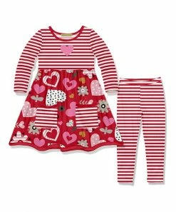 Discount 😍 Millie Loves Lily Red Heart Pocket A-Line 👗 Dress & Stripe Leggings - Toddler & 👧 Girls For Kids 🥰