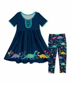 Best Pirce 🌟 Millie Loves Lily Navy Dino-Marvelous Button-Front A-Line 👗 Dress & Leggings - 👧 Girls For Kids 🧨