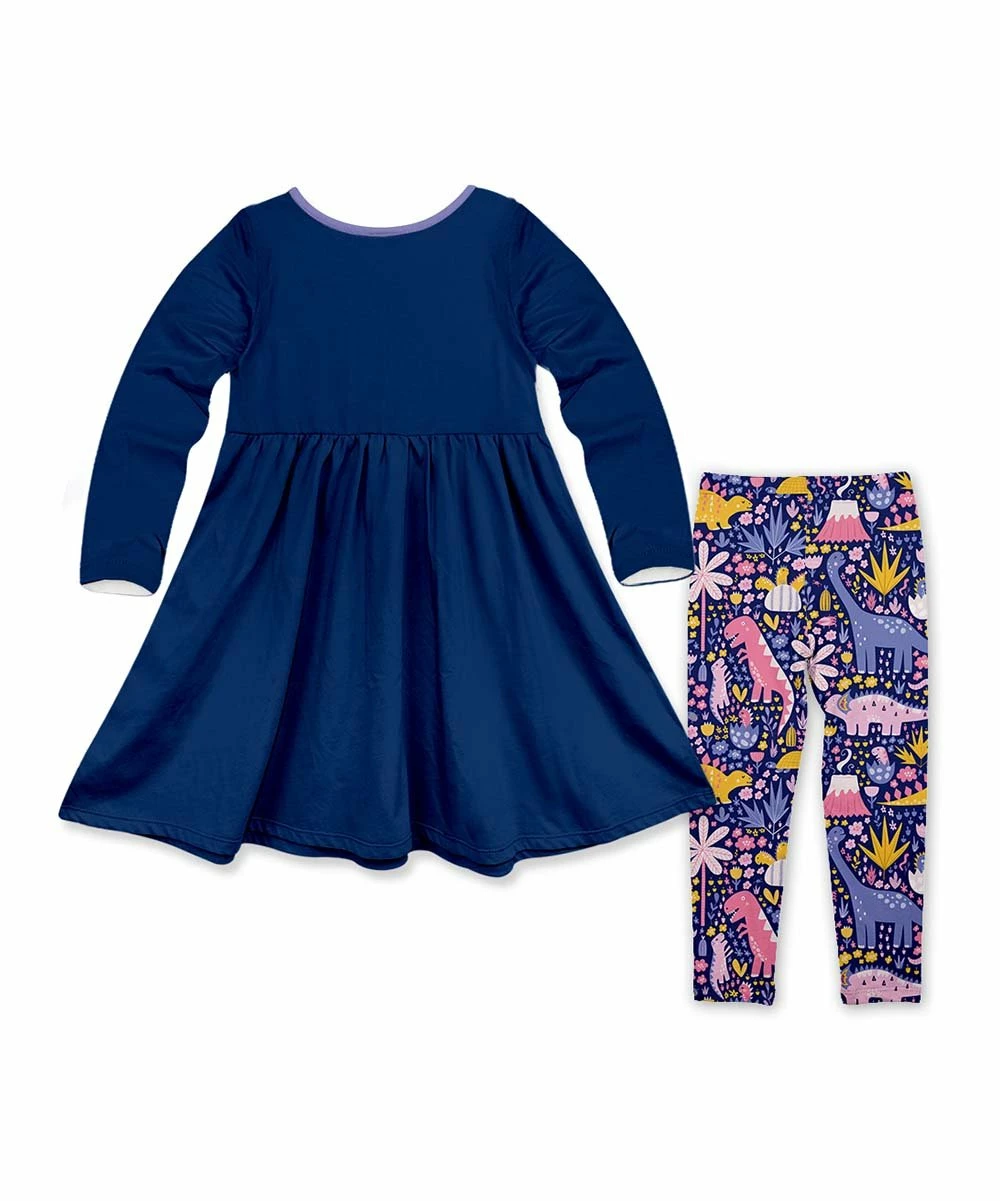 Budget π Millie Loves Lily Navy Dino Jane Button-Accent Pleated A-Line π Dress Set - Toddler & π§ Girls For Kids β 2 Budget π Millie Loves Lily Navy Dino Jane Button-Accent Pleated A-Line π Dress Set - Toddler & π§ Girls For Kids β - Image 2