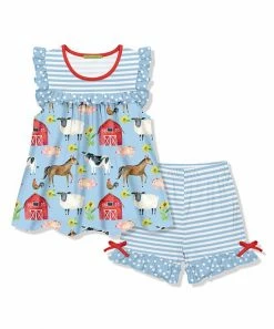 Coupon ✨ Millie Loves Lily Sky Blue Farms & Barns Angel-Sleeve Top & White Stripe Shorts - 👧 Girls For Kids 🔔