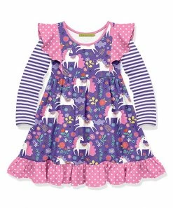 Coupon 🎁 Millie Loves Lily Purple & Pink Polka Dot Magic Unicorn Ruffle A-Line 👗 Dress - Toddler & 👧 Girls For Kids 😍