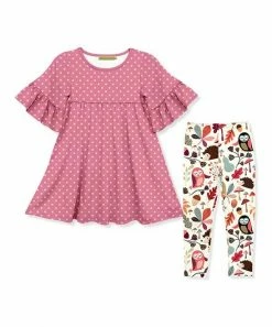 Budget 😉 Millie Loves Lily Pink Dot Ruffle A-Line 👗 Dress & Ecru Woodland Critters Leggings - Toddler & 👧 Girls For Kids 👏