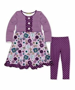 New 🛒 Millie Loves Lily Plum Double Floral Button-Front A-Line 👗 Dress & Polka Dot Leggings - Toddler & 👧 Girls For Kids ⌛