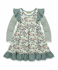 Buy ❤️ Millie Loves Lily Cream & Sage Floral & Stripe Ruffle-Shoulder A-Line 👗 Dress - Toddler & 👧 Girls For Kids 🎉