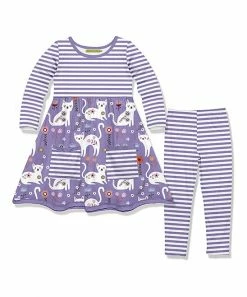 Best Sale 🔥 Millie Loves Lily Purple Kitty Front-Pocket A-Line 👗 Dress & Stripe Leggings - Toddler & 👧 Girls For Kids 😀