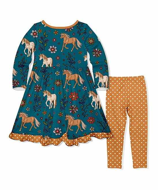Flash Sale π₯ Millie Loves Lily Teal Horses Button A-Line π Dress & Orange Polka Dot Leggings - Toddler & π§ Girls For Kids π 2 Flash Sale π₯ Millie Loves Lily Teal Horses Button A-Line π Dress & Orange Polka Dot Leggings - Toddler & π§ Girls For Kids π - Image 2