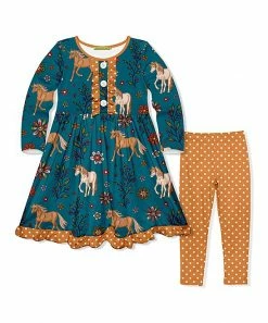 Flash Sale 🔥 Millie Loves Lily Teal Horses Button A-Line 👗 Dress & Orange Polka Dot Leggings - Toddler & 👧 Girls For Kids 😍