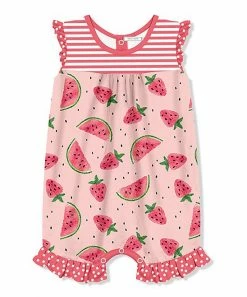 Hot Sale 💯 Little Millie Pink Stripe Watermelon & Strawberry Ruffle Romper - Infant For Kids 😉